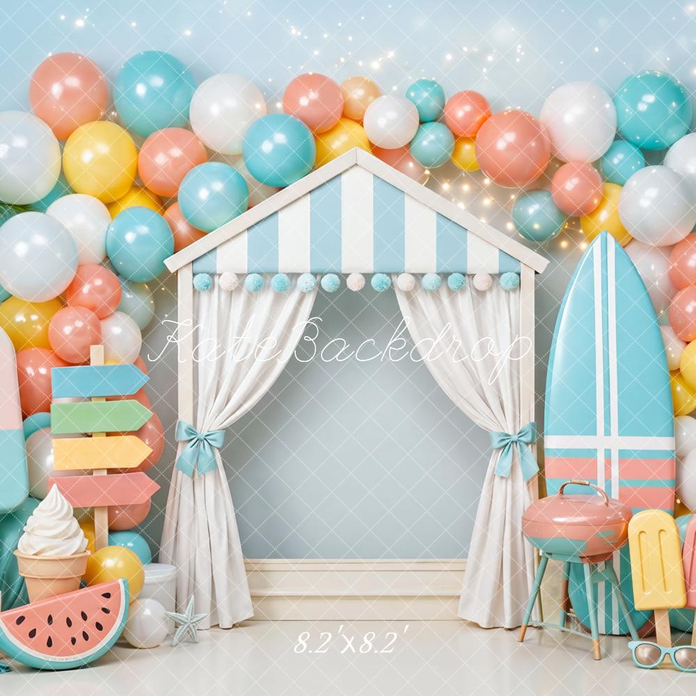 Kate Summer Cake Smash Pool Party Beach Hut Popsicle Surfboard Printed Backdrop Designed by Mini MakeBelieve
