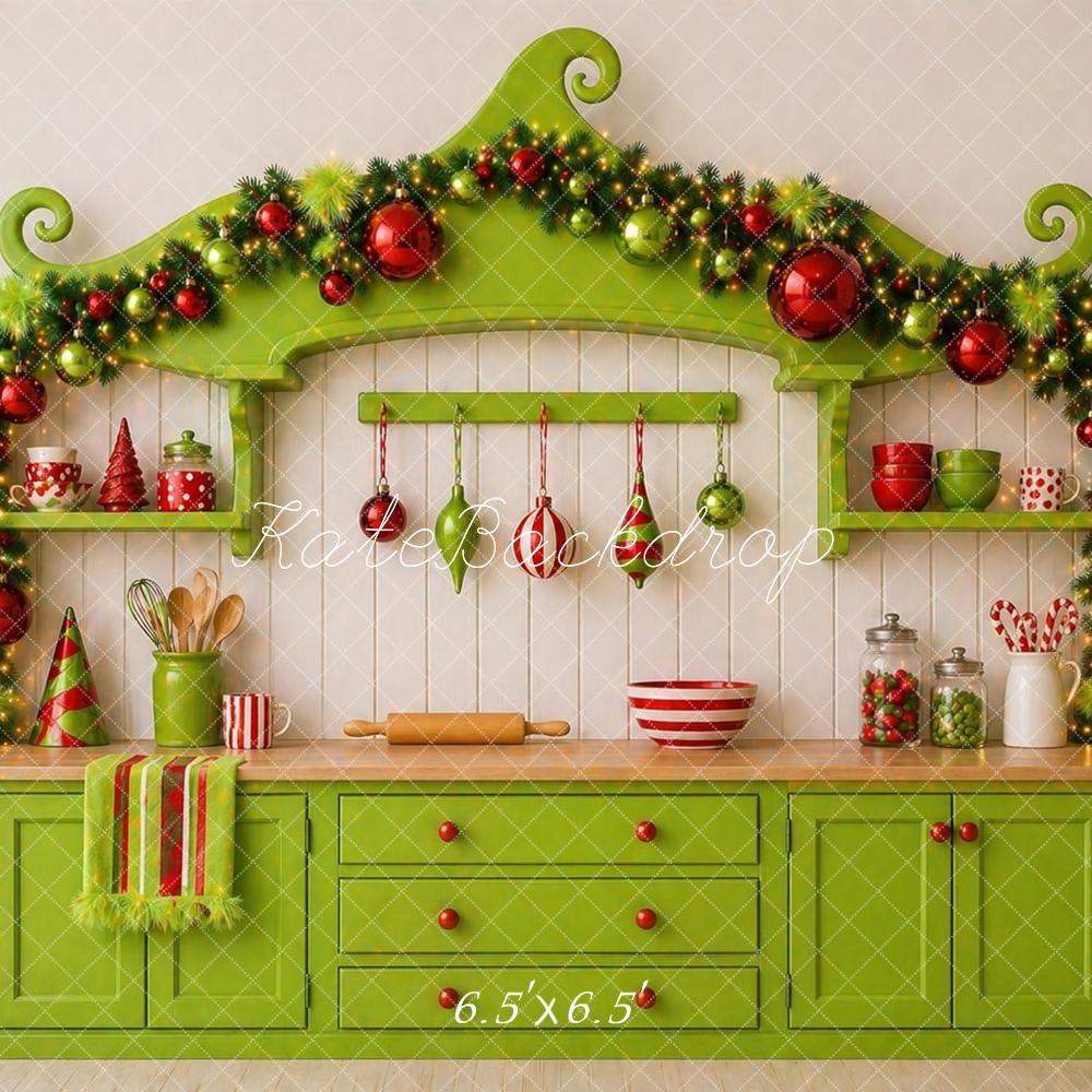 Kate Christmas Whimsical Green Kitchen Cabinet Garland Ornaments Printed Backdrop Designed by Caitlin Lynch