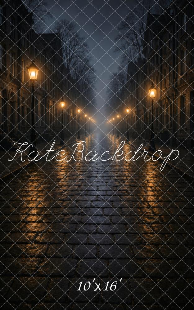 Kate Sweep Halloween Foggy Dark Cobblestone Street Lamps Printed Backdrop Designed by Vertigo Productions
