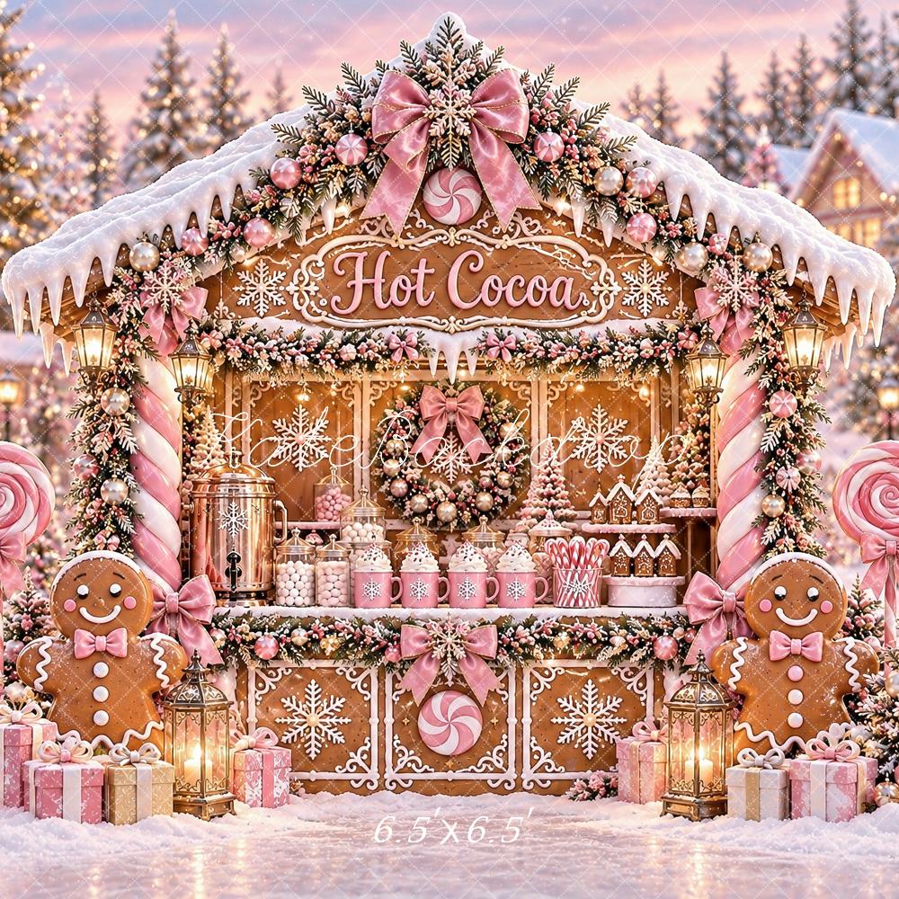 Kate Christmas Pink Gingerbread Hot Cocoa Stand Snowy Printed Backdrop Designed by Ashley Paul
