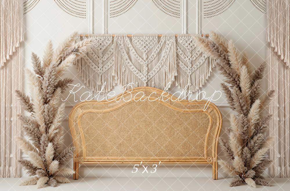 Kate Boho Macrame Rattan Headboard Pampas Grass Printed Backdrop Designed by Mini MakeBelieve