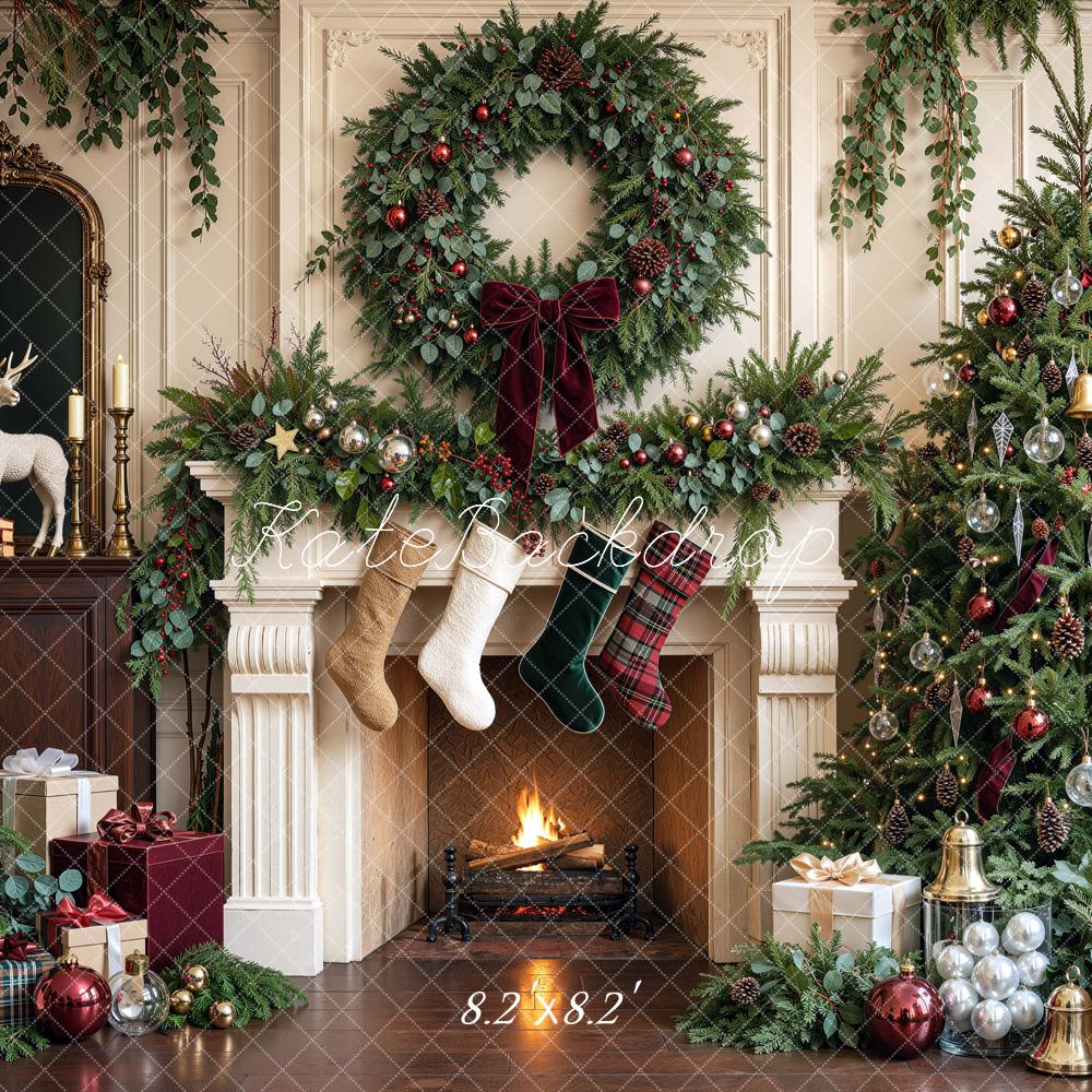 Kate Christmas Tree Fireplace Botanical Wreath Stockings Printed Backdrop Designed by Mini MakeBelieve