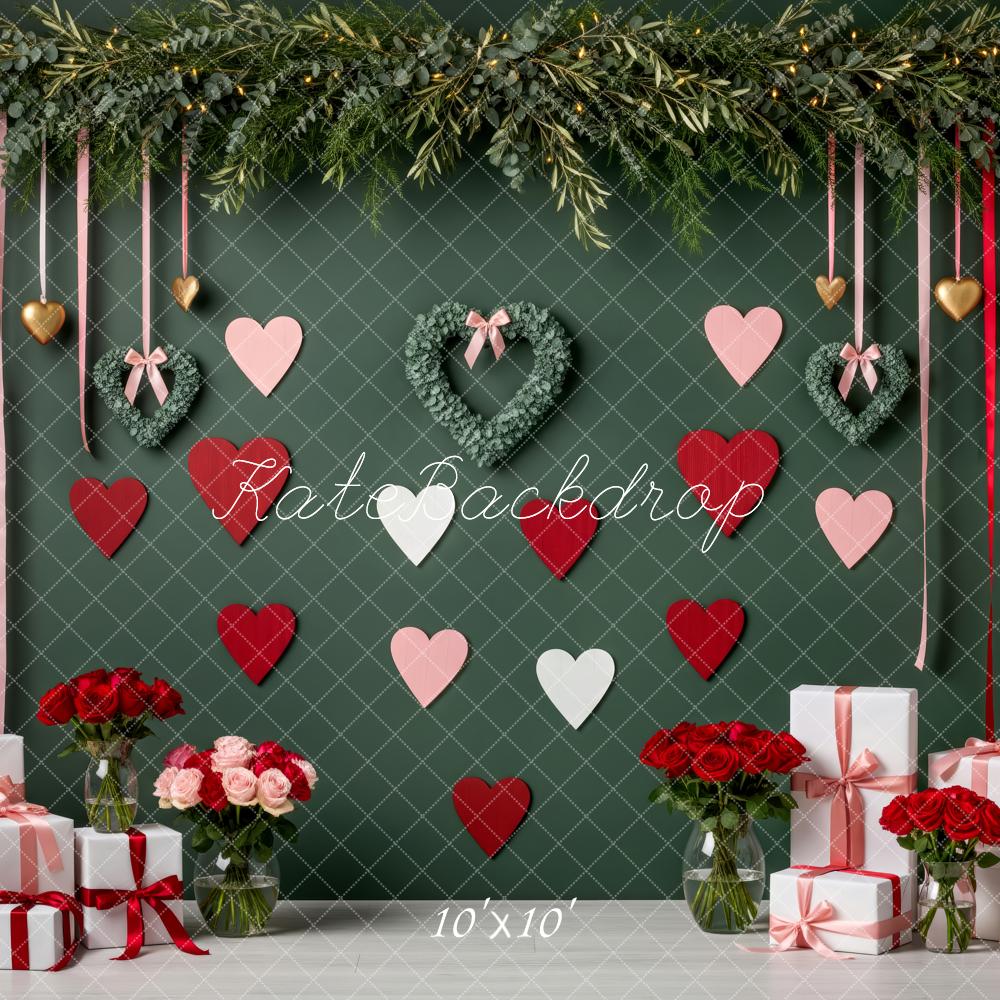 Kate Valentine's Day Green Wall Heart Wreaths Red Pink Hearts Ribbons Gifts Printed Backdrop Designed by Patty Roberts