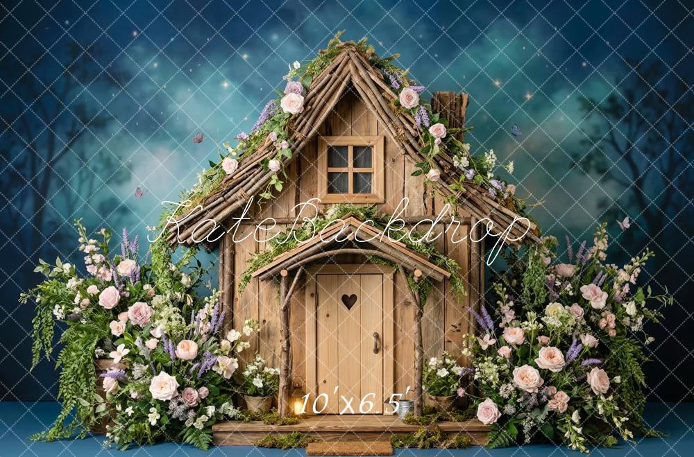 Kate Fairy Fantasy House Flowers Night Blue Printed Backdrop Designed by Patty Roberts