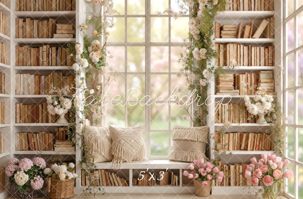 Kate Spring Bookshelf Window Seat Flowers Pillows Backdrop Designed by Emetselch