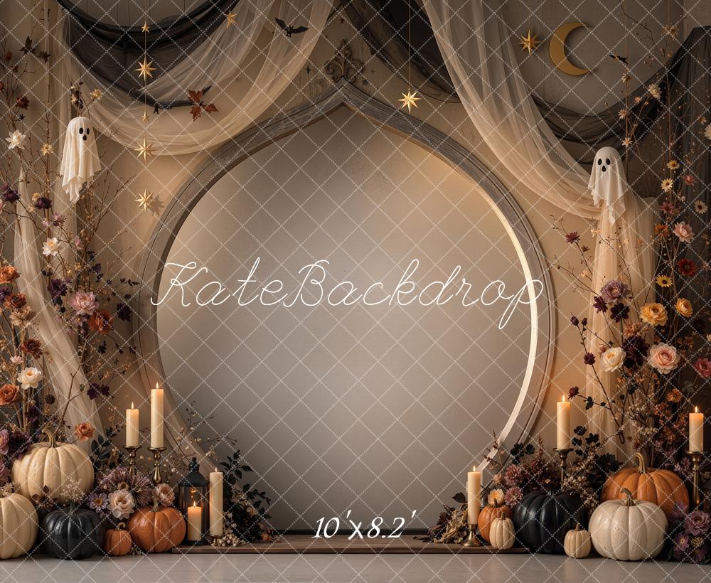 Kate Halloween Gothic Pumpkin Ghost Floral Drapes Arch Printed Backdrop Designed by Shutter Swan Studios