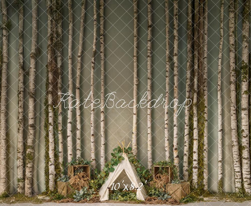 Kate Camping Forest Birch Trees Crates Teepee Printed Backdrop Designed by Mandy Ringe Photography