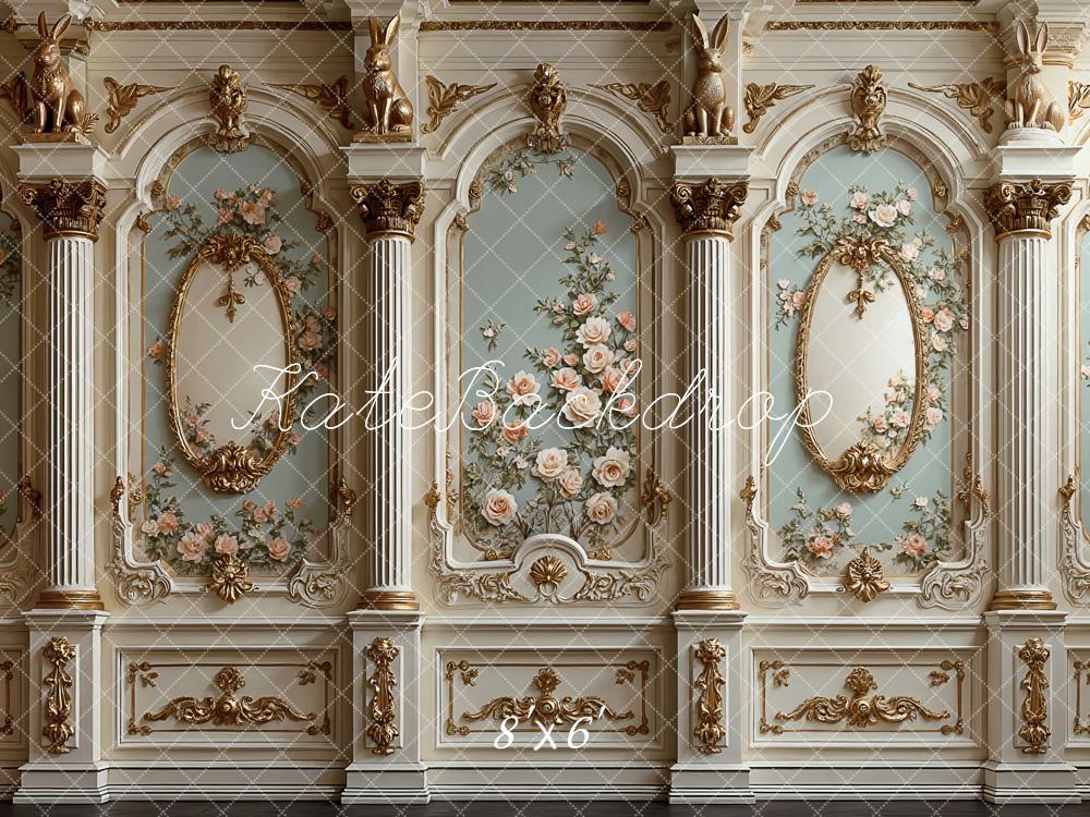 Kate Vintage Ornate Wall Floral Columns Rabbits Printed Backdrop Designed by Mini MakeBelieve