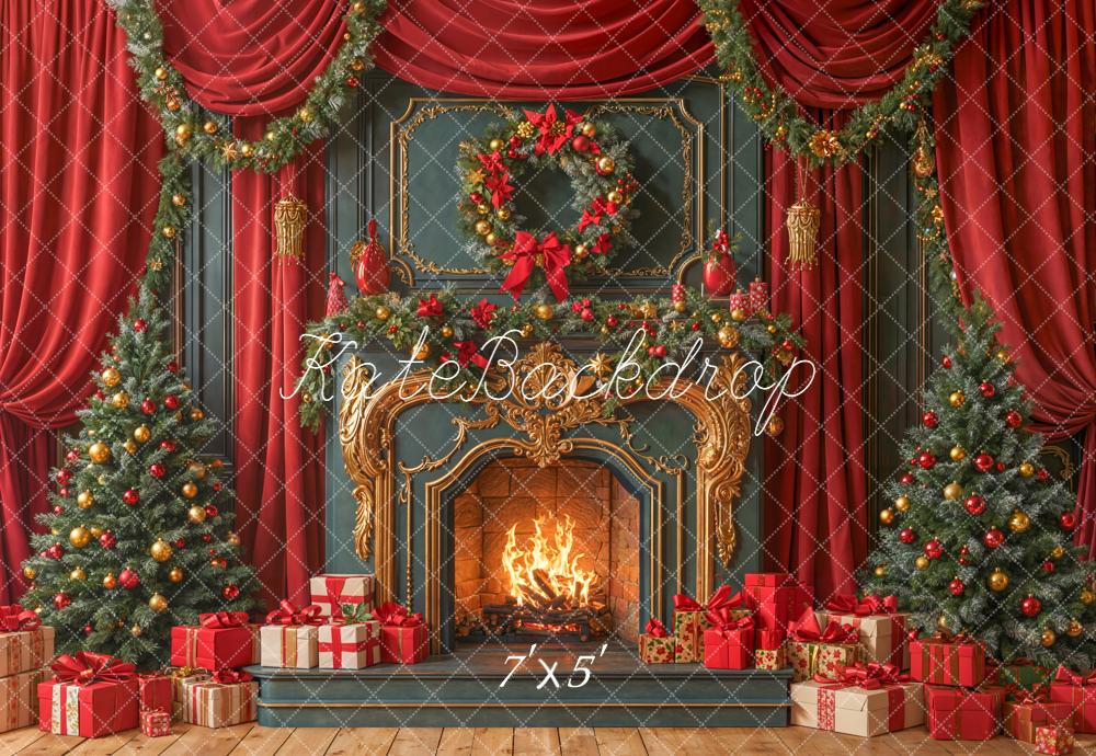Kate Christmas Fireplace Retro Garland Curtains Tree Gifts Backdrop Designed by Emetselch