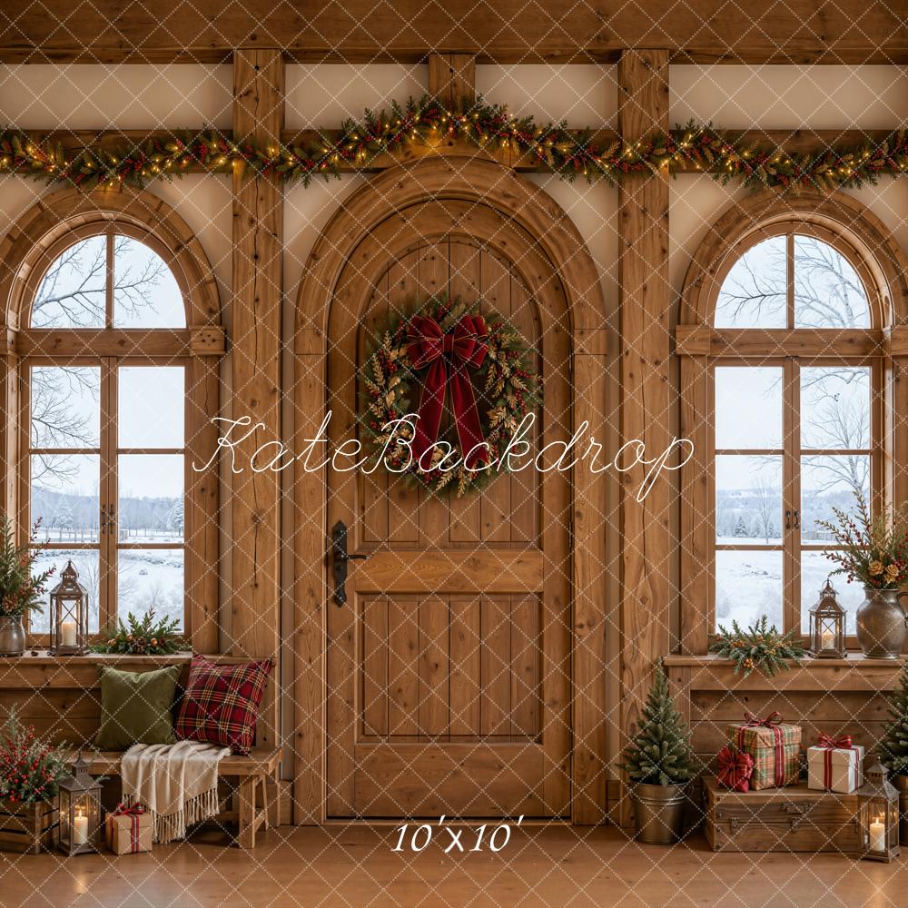 Kate Christmas Rustic Wooden Door Garland Arched Windows Gifts Printed Backdrop Designed by Emetselch