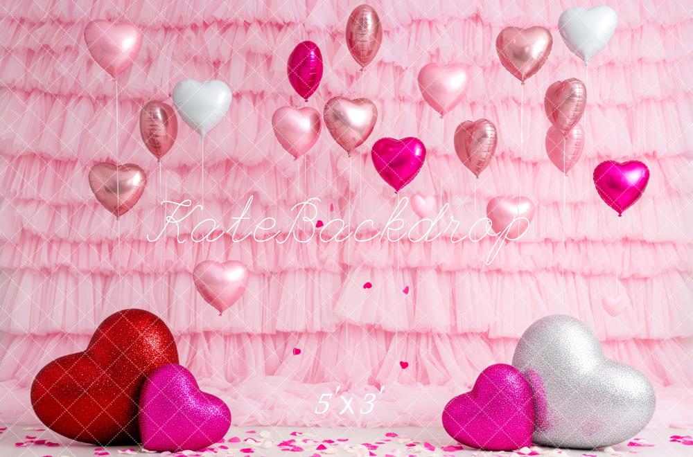 Kate Valentine's Day Pink Ruffle Heart Balloons Glitter Hearts Backdrop Designed by Patty Roberts