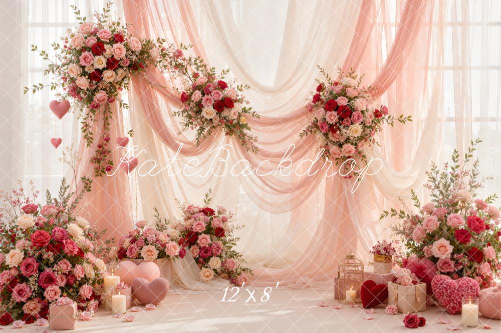 Kate Valentine's Day Pink Sheer Rose Floral Drapery Printed Backdrop Designed by Emetselch