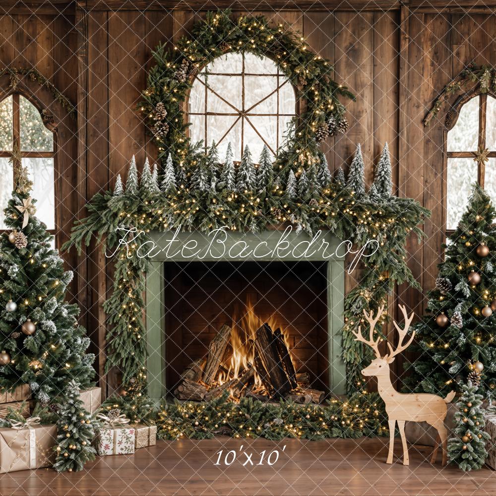 Kate Christmas Tree Wood Fireplace Wreath Deer Backdrop Designed by Emetselch