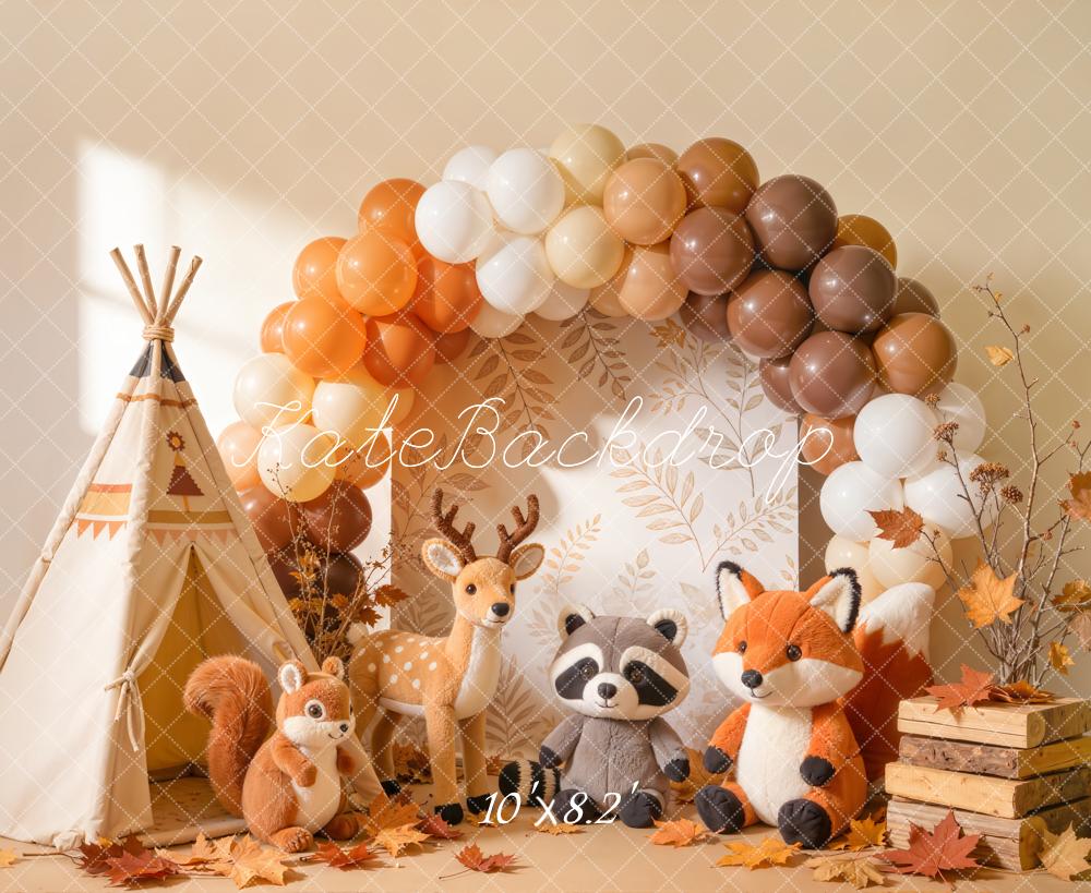 Kate Cake Smash Fall Woodland Balloon Arch Teepee Animals Printed Backdrop Designed by Emetselch