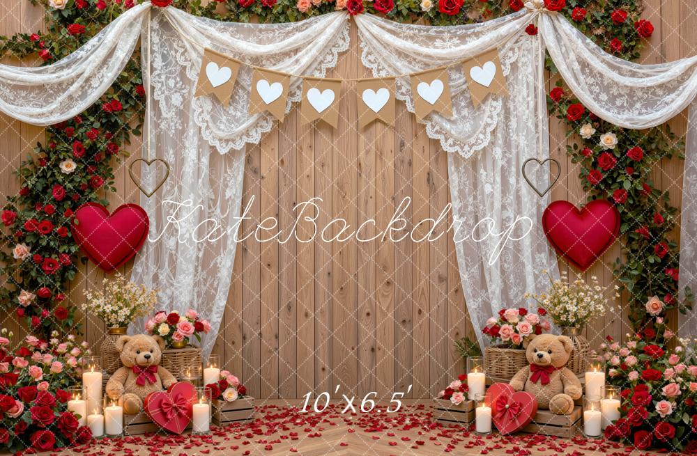 Kate Valentine's Day Wood Door Rose Heart Lace Printed Backdrop Designed by Mini MakeBelieve