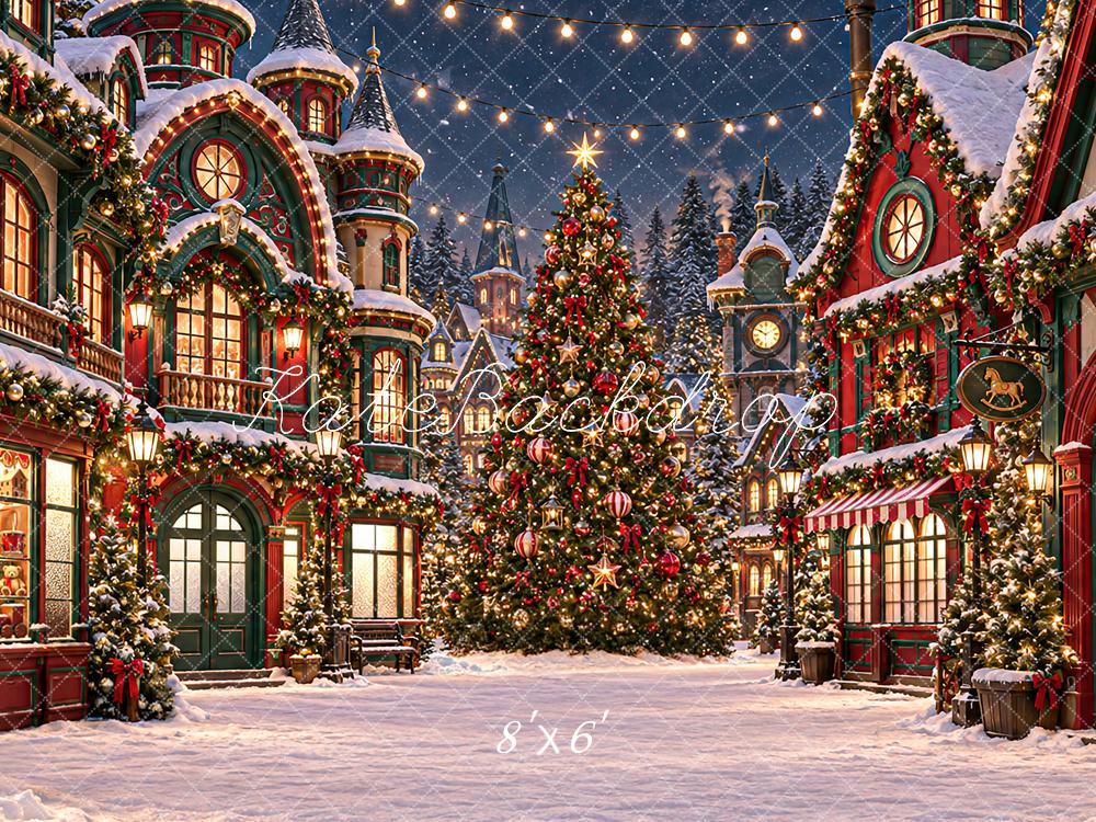 Kate Christmas Night Snowy Village Victorian Shop Christmas Tree Lights Printed Backdrop Designed by Angela Miller