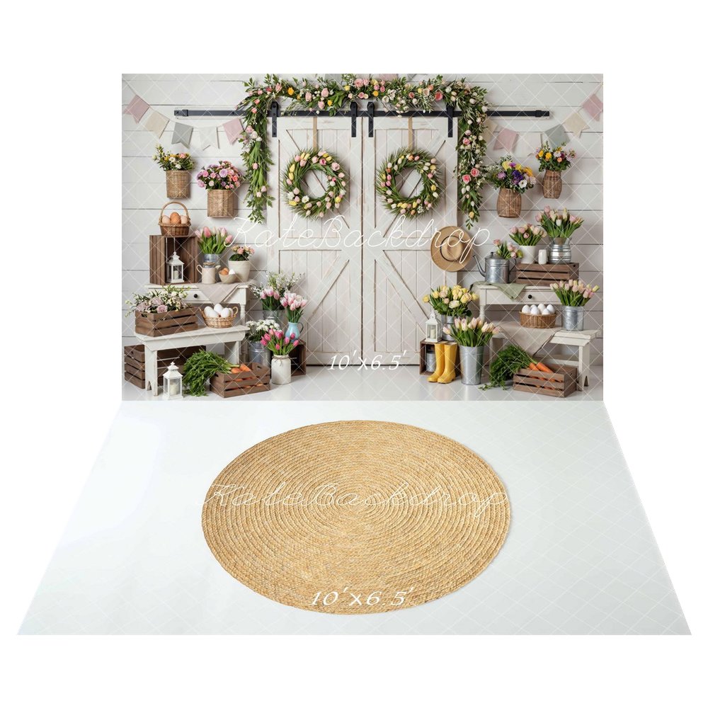 Kate Spring Tulip Wreath Barn Door Backdrop+Round Jute Rug White Diamond Pattern Floor Backdrop