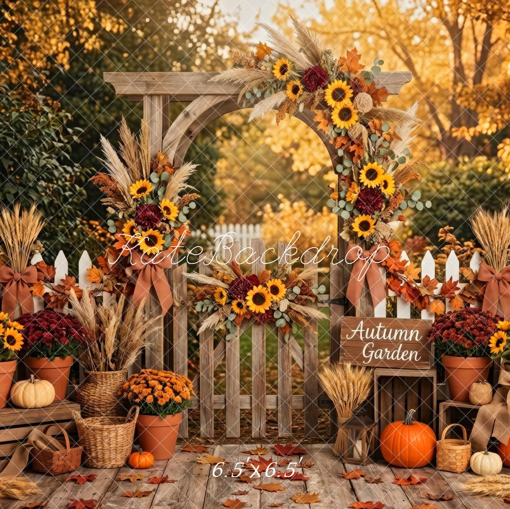 Kate Fall Rustic Flower Arch Sunflowers Pumpkins White Fence Printed Backdrop Designed by Patty Roberts