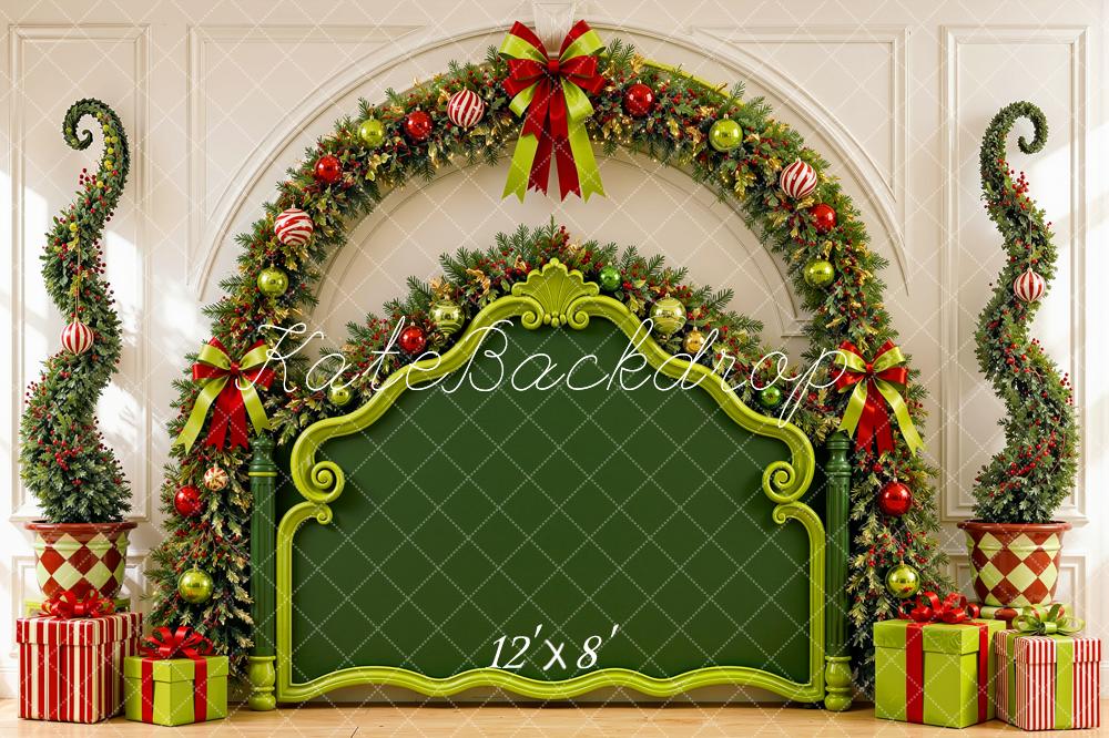 Kate Christmas Headboard Elf Green Garland Presents Printed Backdrop Designed by Shutter Swan Studios