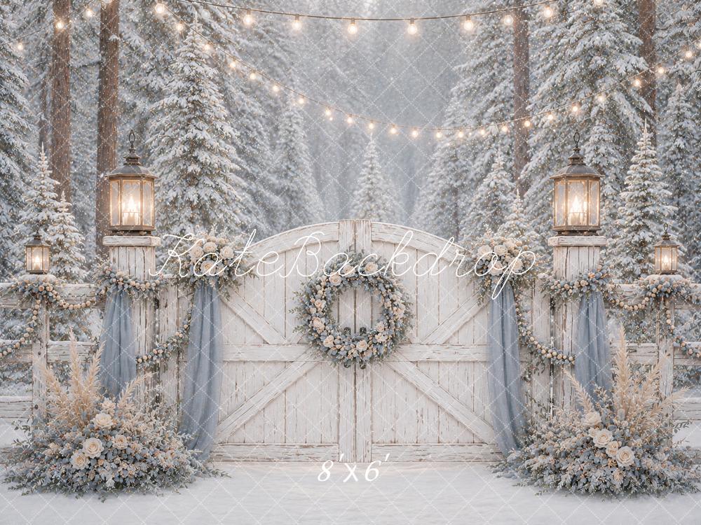 Kate Winter Snowy Forest Barn Gate Lanterns Printed Backdrop Designed by Ashley Paul
