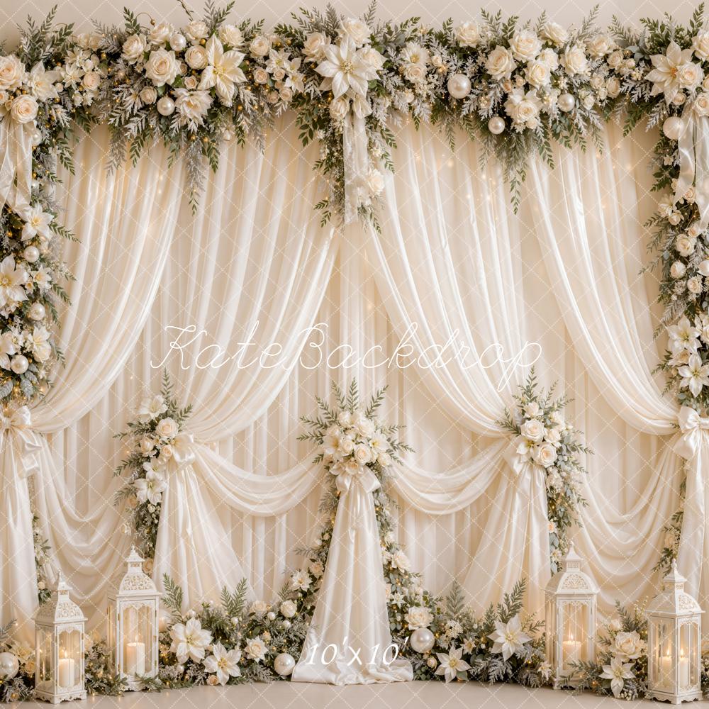 Kate Elegant Drapes Romantic White Flower Arch Lanterns Printed Backdrop Designed by Emetselch
