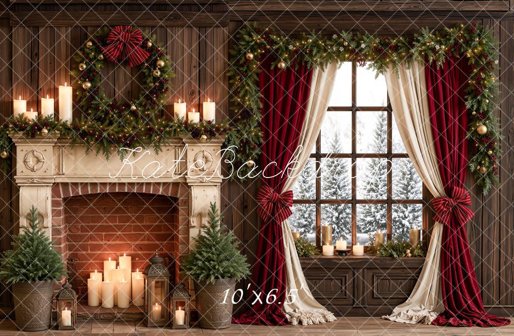 Kate Christmas Fireplace Candles Window Garland Red Curtains Printed Backdrop Designed by Emetselch