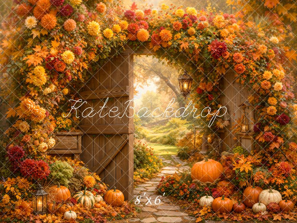 Kate Fall Flower Arch Wood Door Pumpkin Garden Printed Backdrop Designed by Emetselch