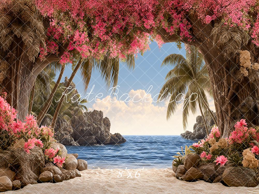 Kate Summer Tropical Beach Pink Flowers Palms Island Printed Backdrop Designed by Angela Miller