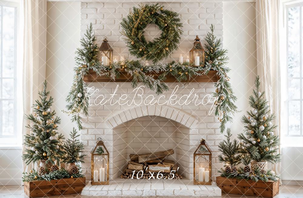 Kate Christmas Fireplace Wreath White Brick Wall Backdrop Designed by Emetselch
