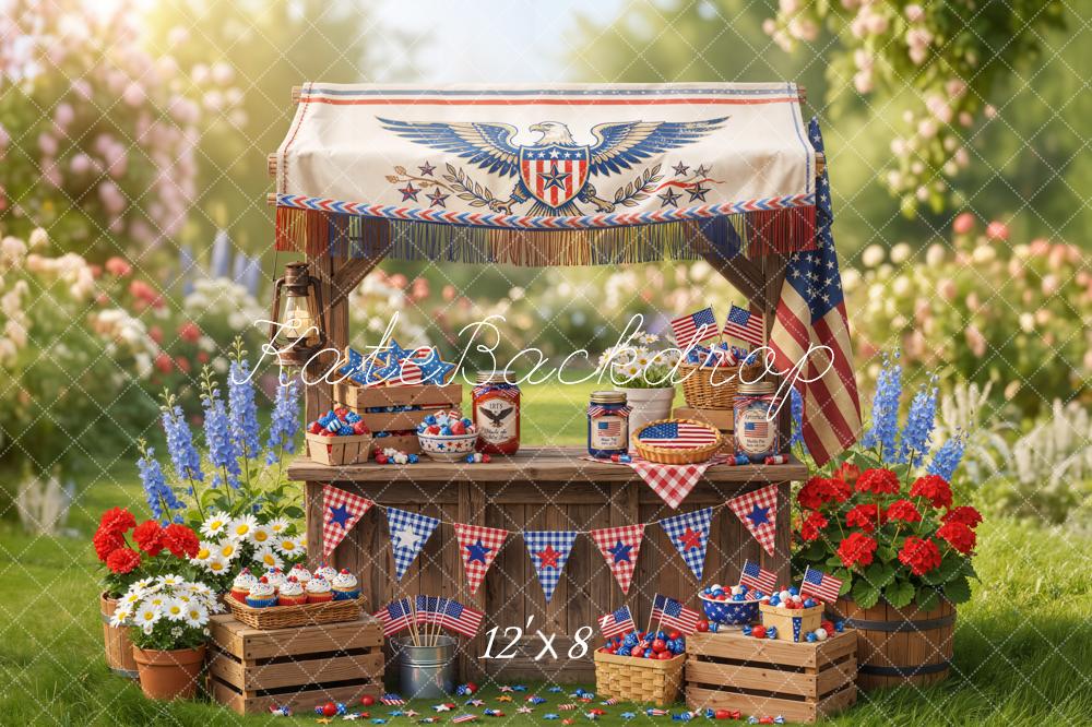 Kate 4th Of July Patriotic Stand American Flag Cupcakes Flowers Printed Backdrop Designed by Emetselch