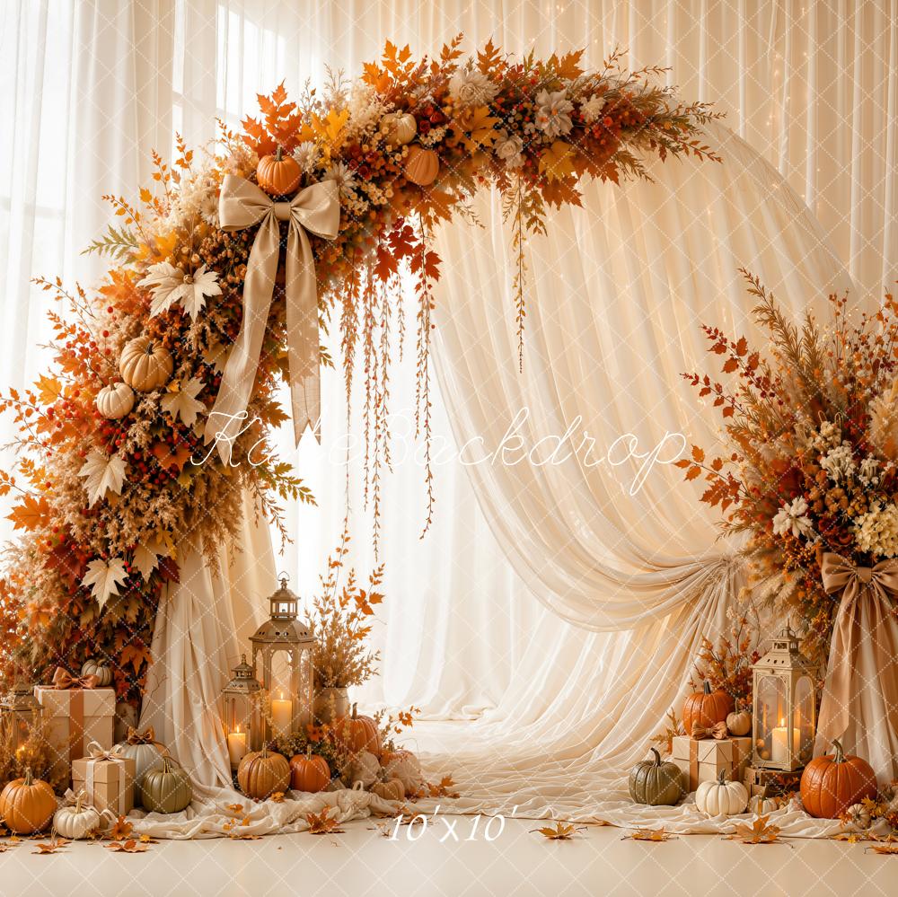 Kate Fall Circle Floral Arch Pumpkins White Drapes Lanterns Printed Backdrop Designed by Emetselch