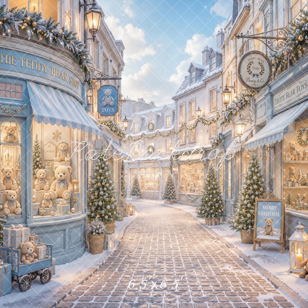 Kate Christmas Blue Teddy Bear Shop Snowy Village Street Printed Backdrop Designed by Emetselch