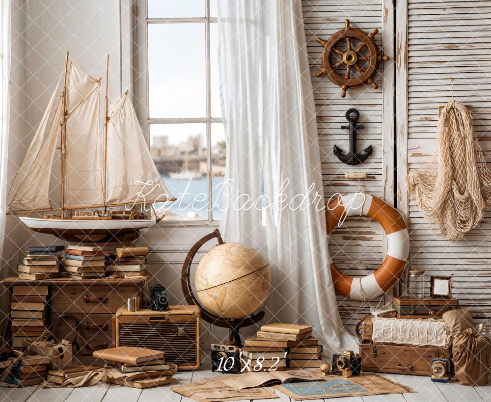 Kate Nautical Sailboat Globe Books Anchor Ship Wheel Backdrop Designed by Emetselch