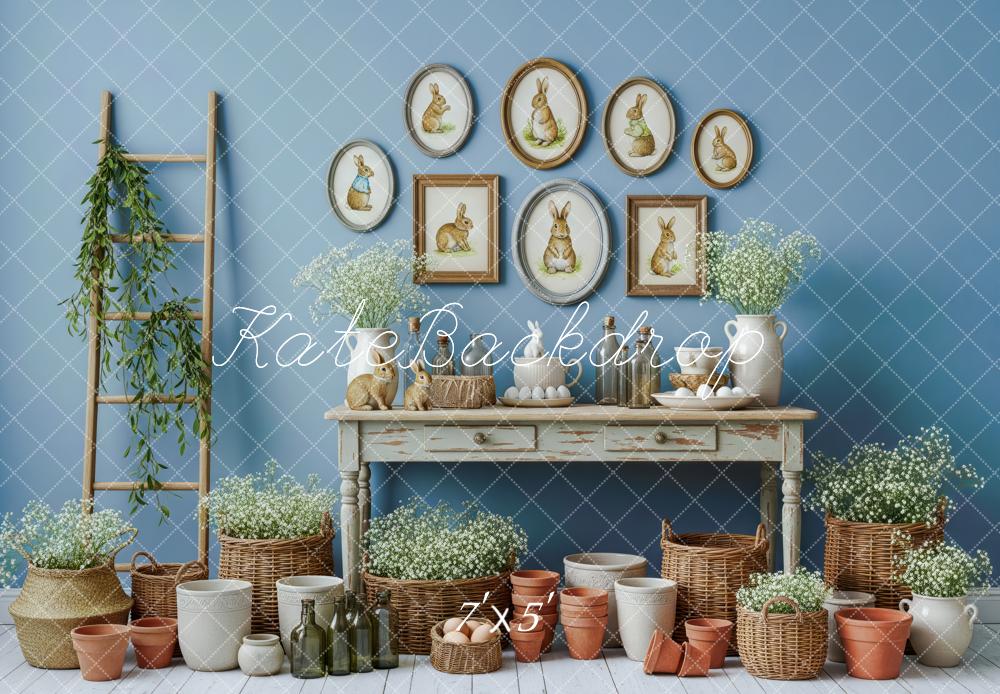 Kate Easter Bunny Blue Wall Baskets Pots Floral Decor Printed Backdrop Designed by Patty Roberts