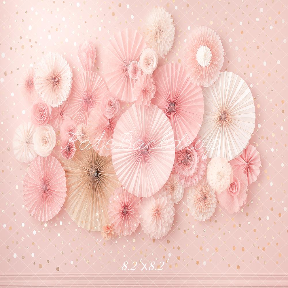 Kate Pink Paper Fans Flowers Polka Dots Printed Backdrop Designed by Angela Miller