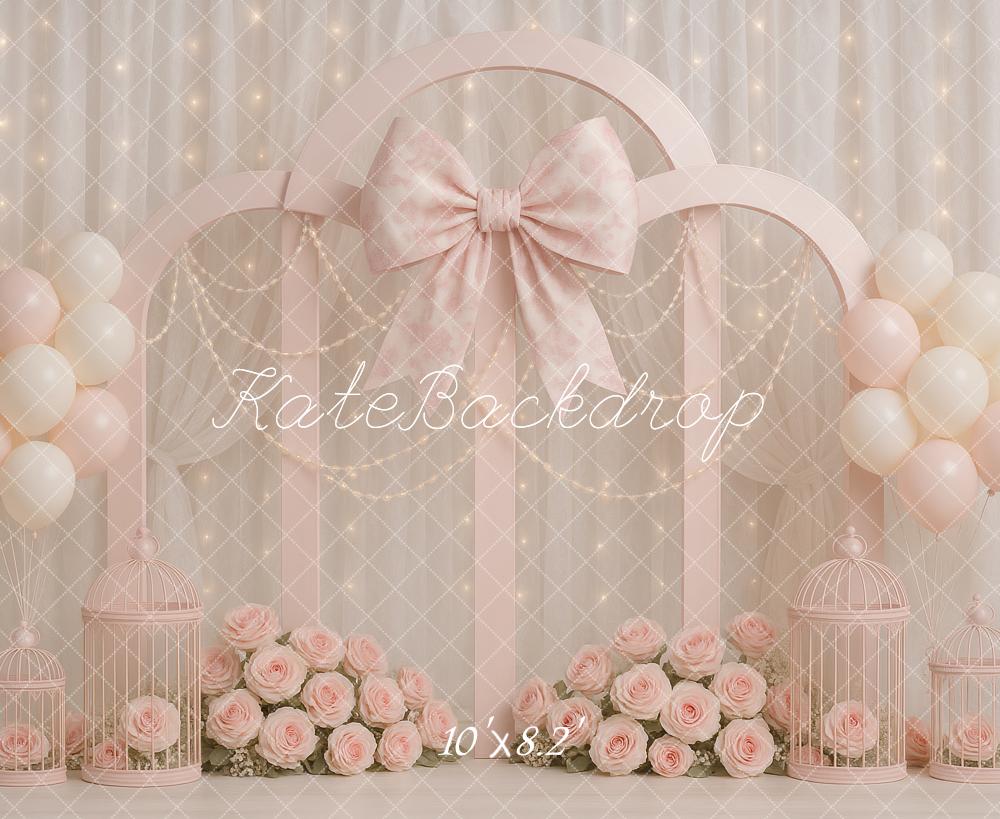 Kate Birthday Pink Floral Arch Bow Backdrop Designed by Ashley Paul