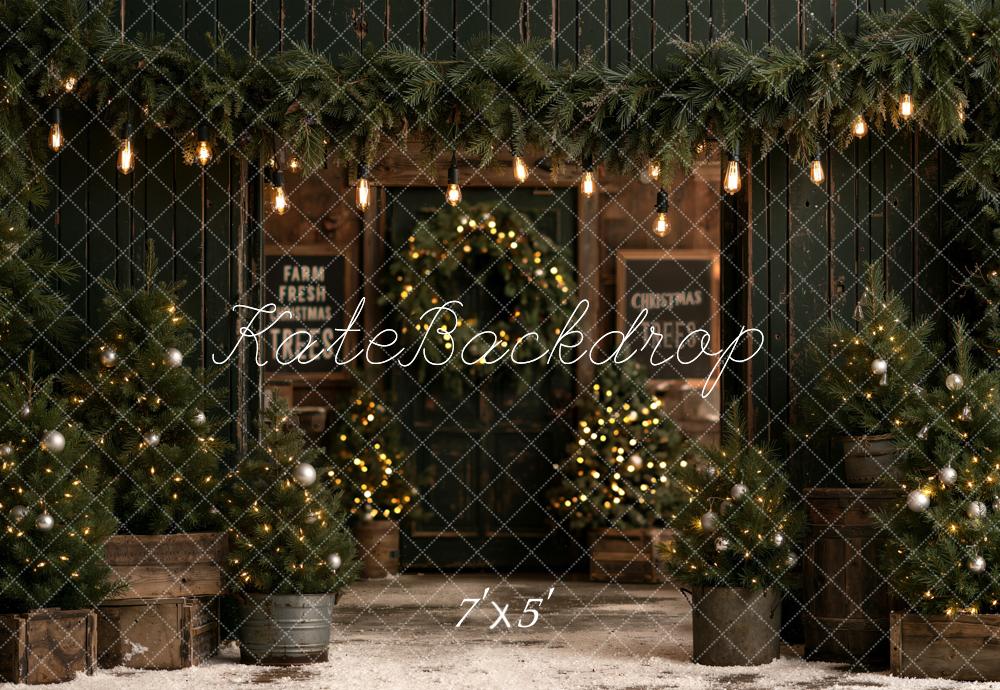 Kate Christmas Trees Farmhouse Evergreen Cabin Lights Printed Backdrop Designed by Emetselch