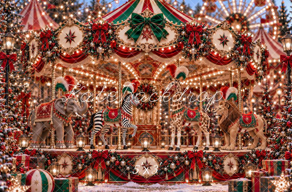 Kate Christmas Circus Carousel Animals Amusement Park Printed Backdrop Designed by Ashley Paul