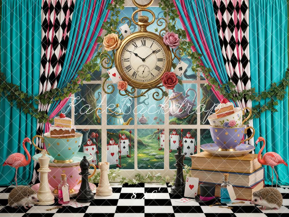 Kate Wonderland Tea Party Clock Chess Playing Cards Printed Backdrop Designed by Emetselch