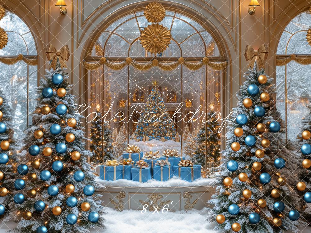 Kate Christmas Trees Blue Gold Ornaments Snowy Window Presents Backdrop Designed by Mini MakeBelieve