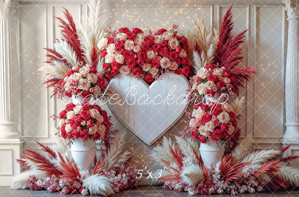 Kate Valentines Boho Wood Heart Red White Roses Pampas Grass Backdrop Designed by Mini MakeBelieve