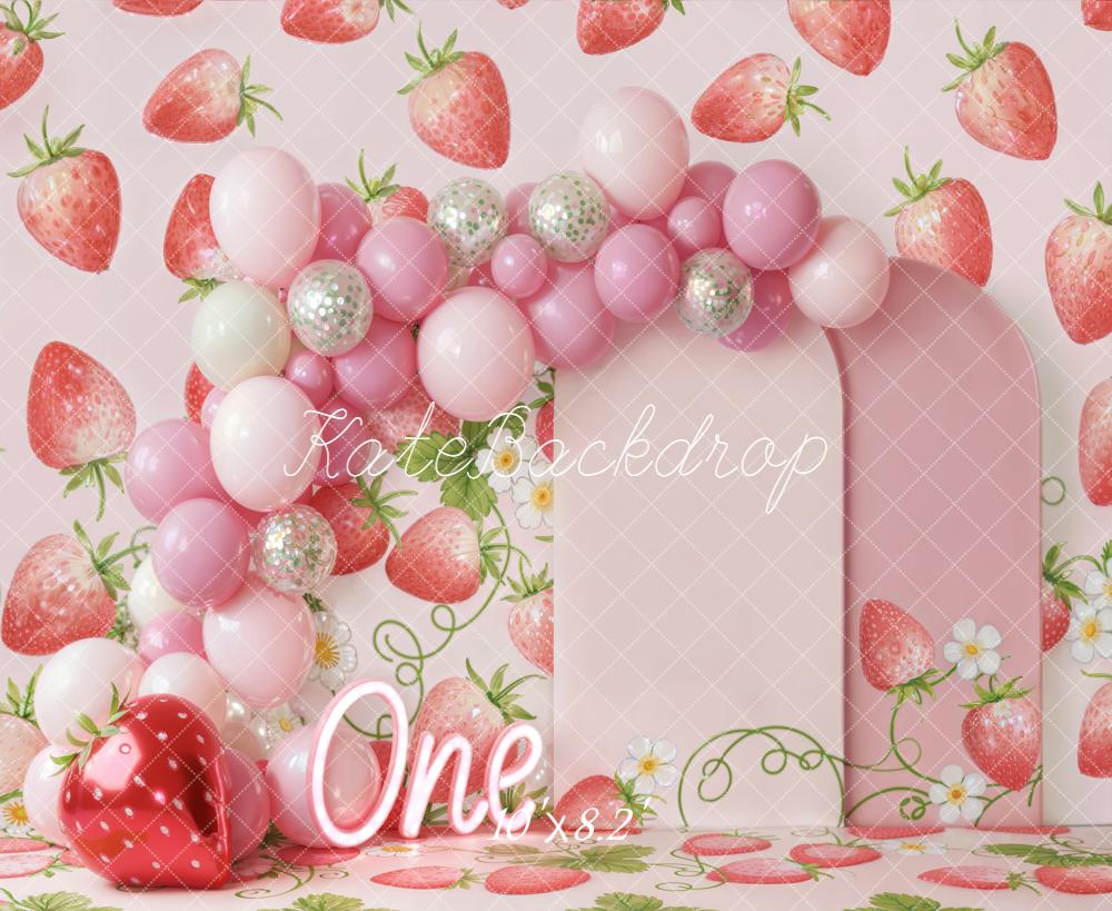 Kate Cake Smash Strawberry Balloon Arch Pink Panels Backdrop Designed by Emetselch