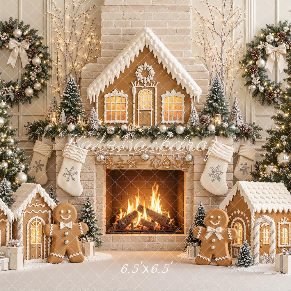 Kate Christmas Gingerbread Fireplace Christmas Trees Wreath Printed Backdrop Designed by Emetselch