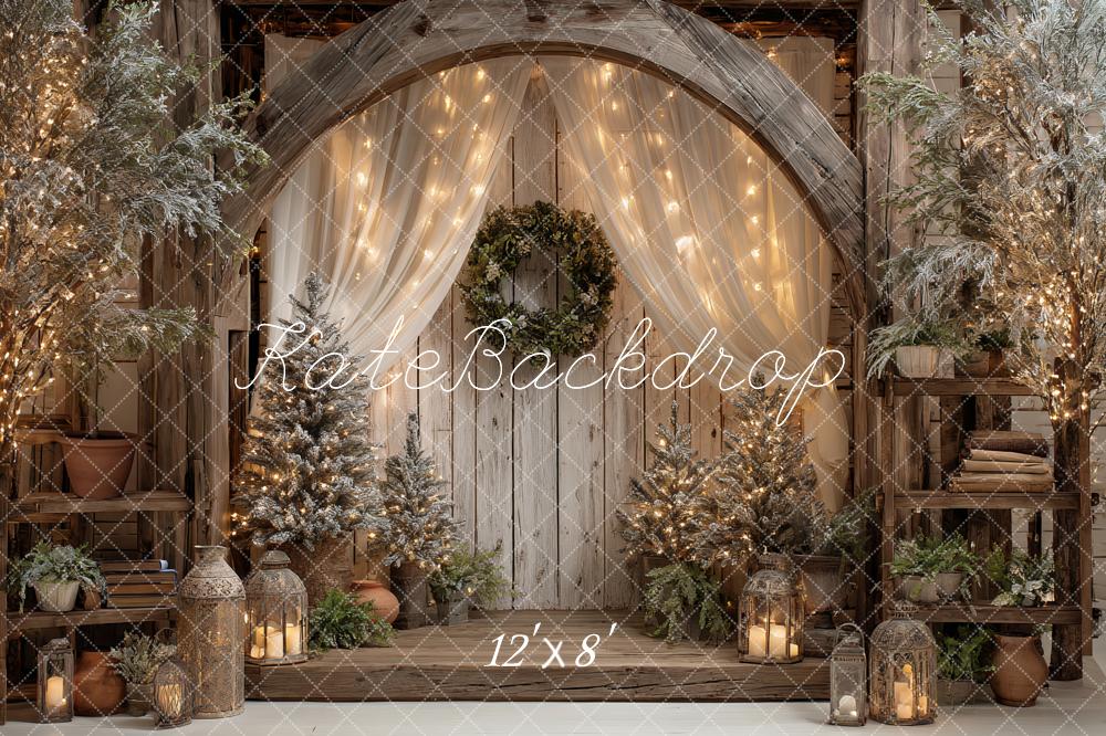 Kate Christmas Rustic Wood Arch Wreath String Lights Lanterns Trees Backdrop Designed by Ashley Paul