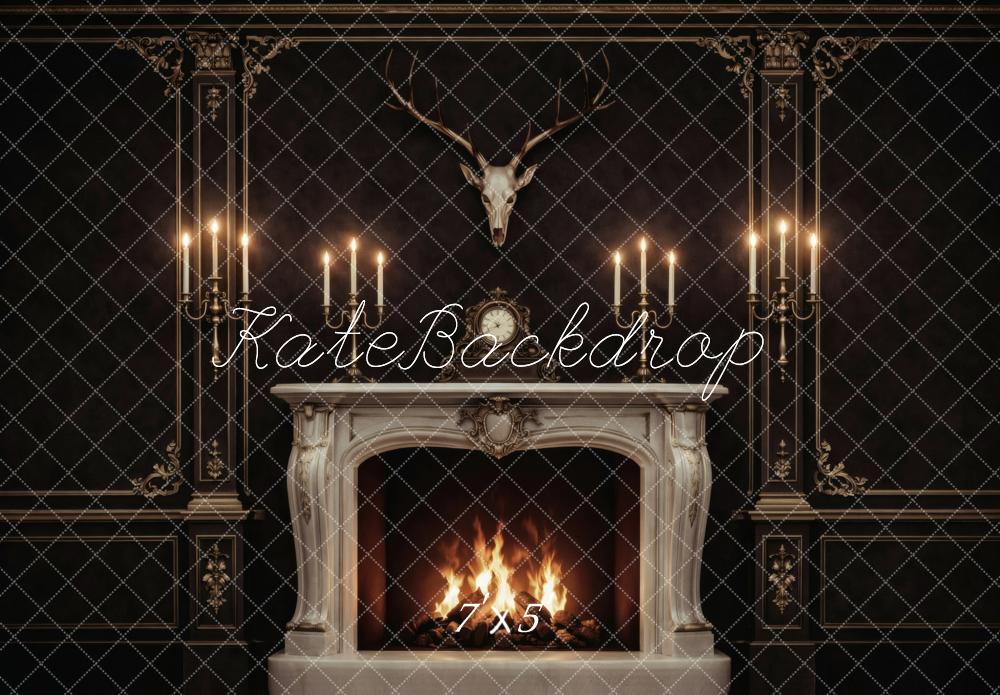 Kate Black Ornate Fireplace Candle Wall Antlers Printed Backdrop Designed by Vertigo Productions