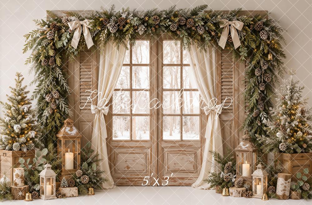Kate Christmas Rustic Window Door Pine Garland Lantern Trees Printed Backdrop Designed by Emetselch