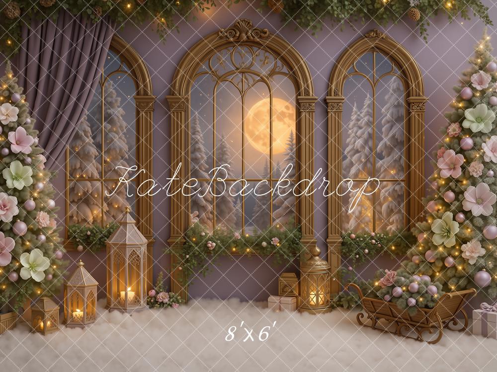 Kate Christmas Gold Arched Window Flower Tree Lantern Sleigh Backdrop Designed by Ashley Paul