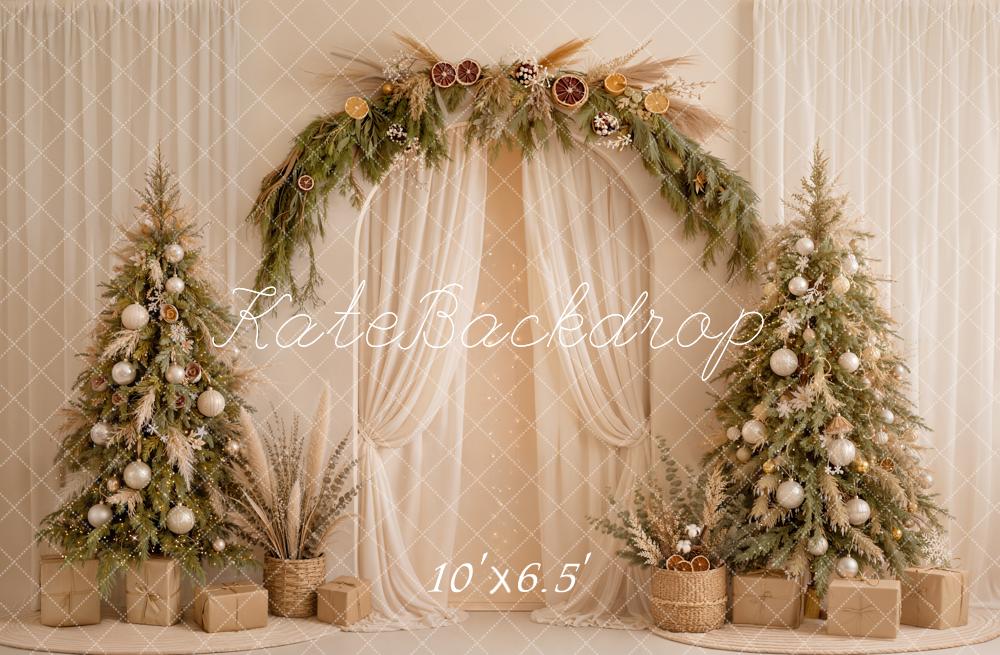 Kate Christmas Boho Flower Arch Cream Drapes Neutral Trees Printed Backdrop Designed by Emetselch