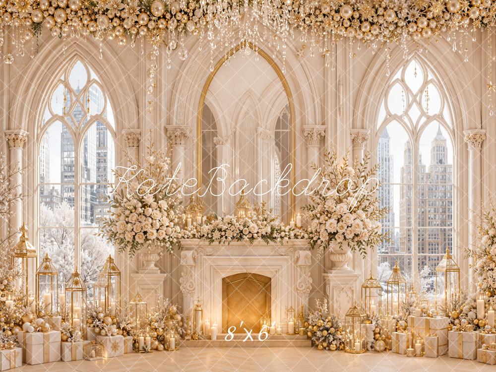 Kate Christmas Luxury White Floral Fireplace Windows City View Printed Backdrop Designed by Emetselch
