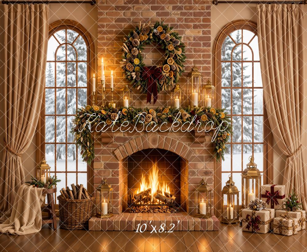 Kate Christmas Fireplace Garland Wreath Brick Wall Printed Backdrop Designed by Emetselch